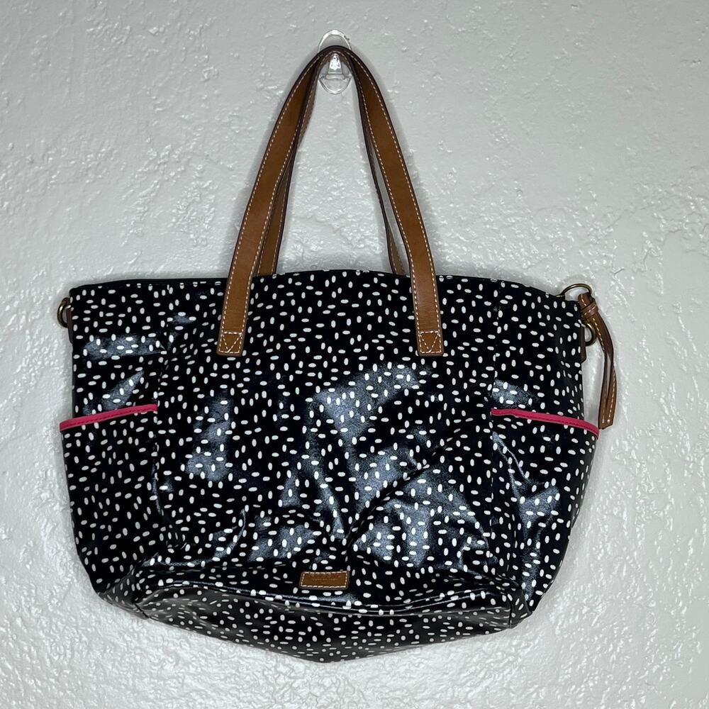 Fossil Large Waxed Leather‎ Shoulder Tote Zip Top Black Speckeled Bag